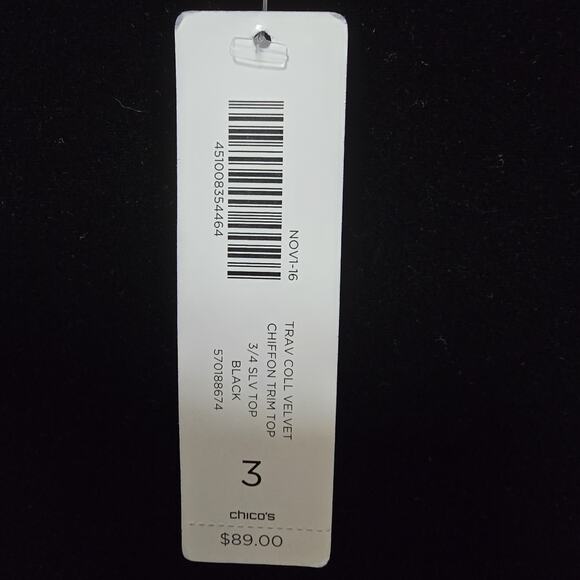 Chicos Travelers Top Size 3 XL Velvet Blouse Chiffon Hemline 3/4 Sleeve NWT - Picture 8 of 13